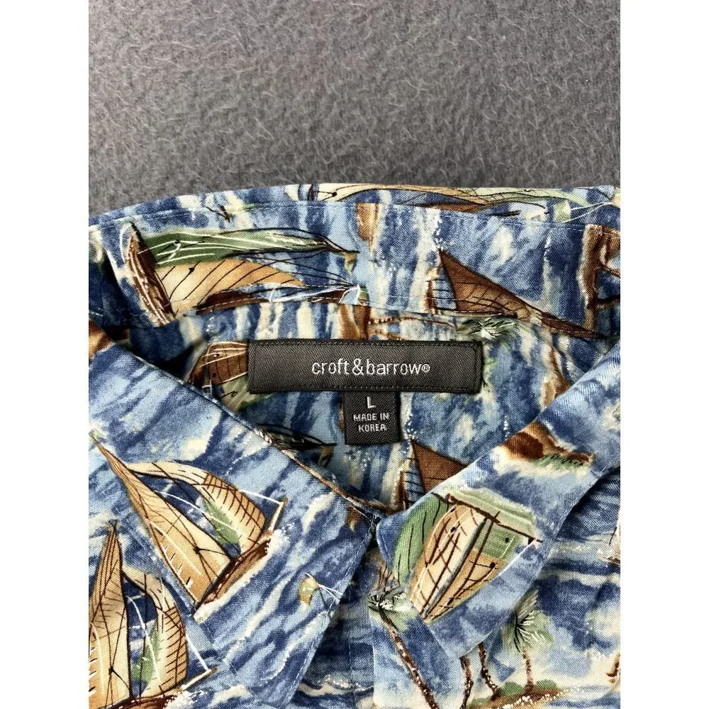 Croft & Barrow Hawaiian Shirt Men's L Nautical Sailboat Watercolors Sailing Blue
